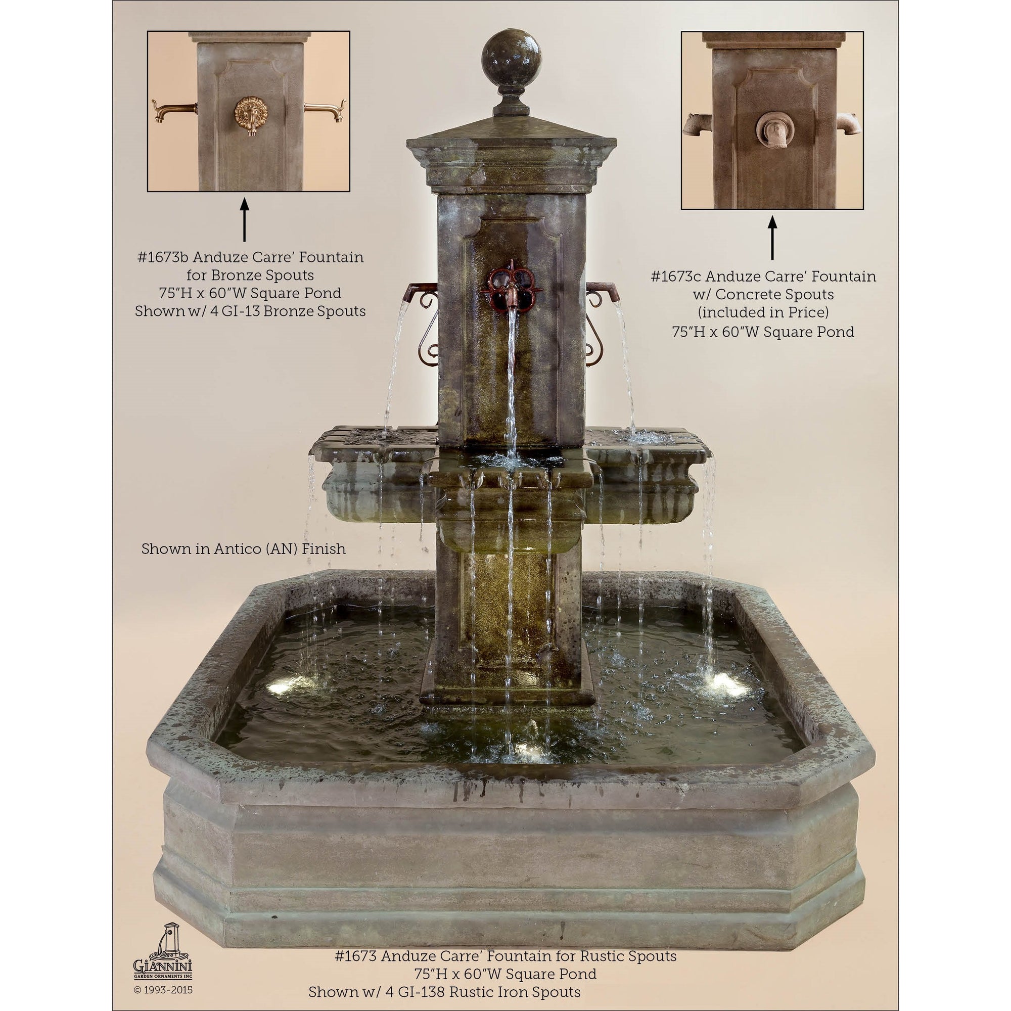 Anduze Concrete Carre Outdoor Courtyard Fountain with Square Pond Kit - Fountain, Pond, Pump and Choice of Spouts - Majestic Fountains