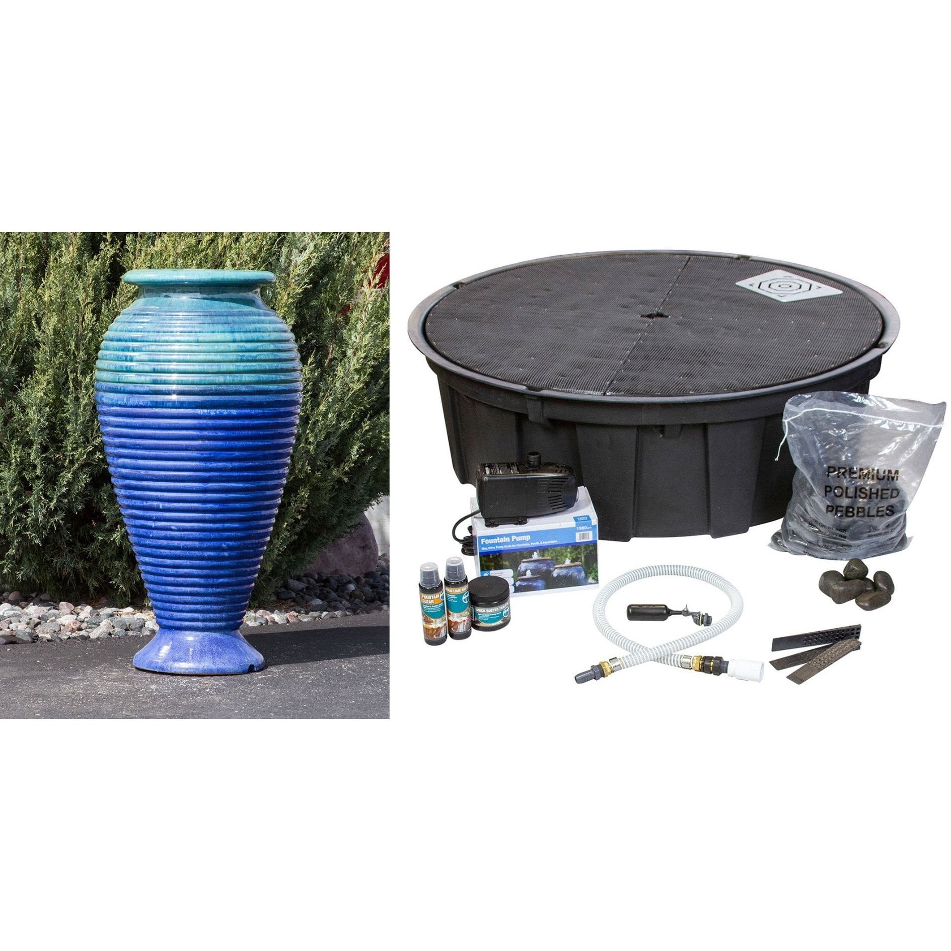 Shades of Blue Ribbed Large Vase - Closed Top Single Vase Complete Fountain Kit - Over 3 ft Tall - Majestic Fountains