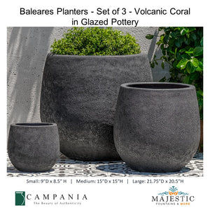 Baleares Planters - Set of 3 in Glazed Pottery By Campania - Volcanic Coral - Majestic Fountains and More