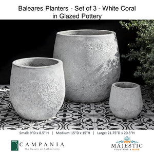 Baleares Planters - Set of 3 in Glazed Pottery By Campania - White Coral - Majestic Fountains and More