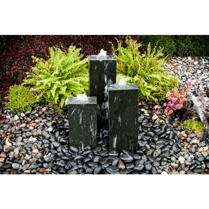 Black Granite Fountain - Triple stone column Fountain Kit - 4 sides smooth - Choose from  multiple sizes - Majestic Fountains