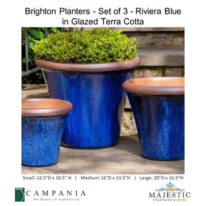 Brighton Planters - Set of 3 - Riviera Blue in Glazed Terra Cotta By Campania - Majestic Fountains and More