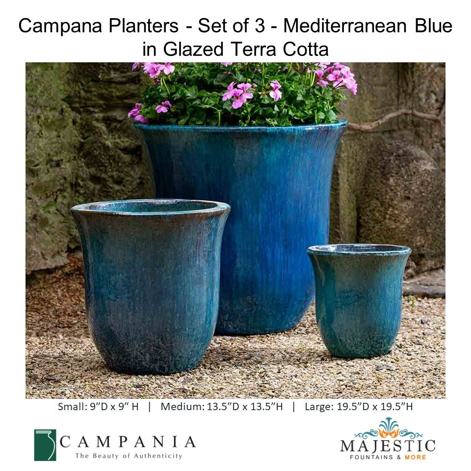 Campana Planters - Set of 3 Antique White in Glazed Terra Cotta By Campania - Majestic fountains and More
