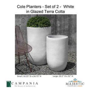 Cole Planters - Set of 2 - White in Glazed Terra Cotta By Campania - Majestic fountains and More