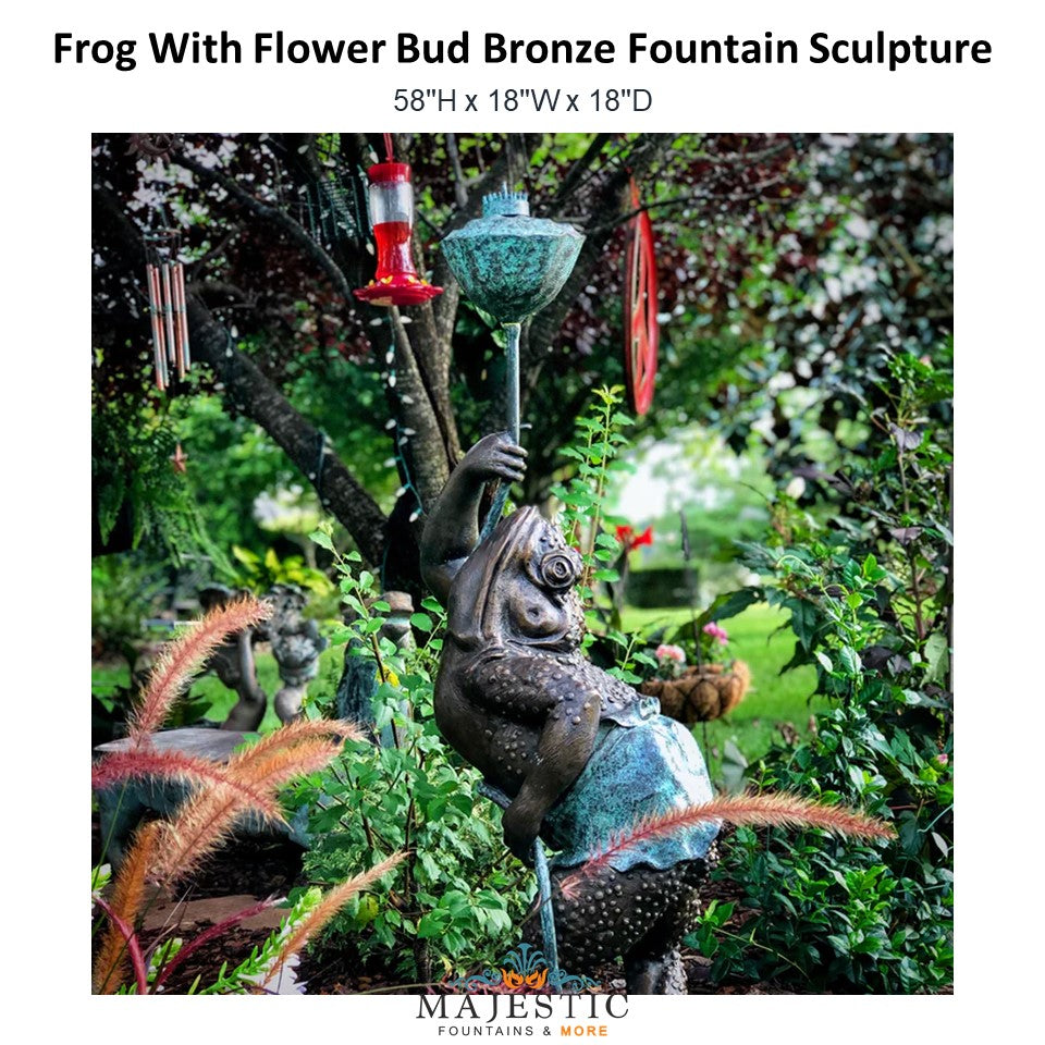 Frog With Flower Bud Bronze Fountain Sculpture - Majestic Fountains and More