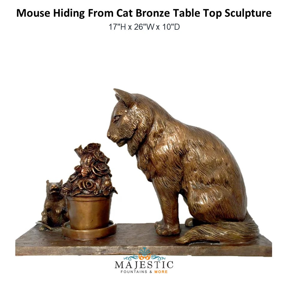 Mouse Hiding From Cat Bronze Table Top Sculpture - Majestic Fountains and More