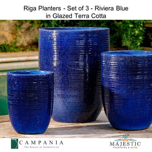 Riga Planters - Set of 3 - Riviera Blue in Glazed Terra Cotta By Campania - Majestic Fountains and More