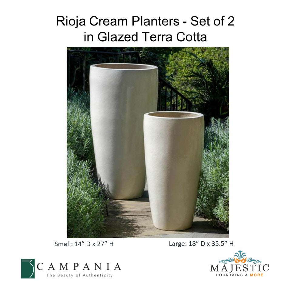 Rioja Cream Planters - Set of 2 in Glazed Terra Cotta By Campania - Majestic Fountains and More