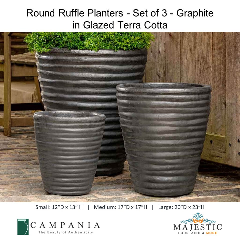 Round Ruffle Planters  Set of 3 - Graphite in Glazed Terra Cotta By Campania - Majestic Fountains and More