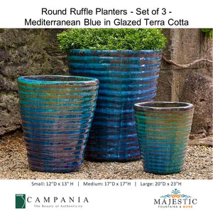 Round Ruffle Planters Set of 3 - Mediterranean Blue in Glazed Terra Cotta By Campania - Majestic Fountains and More