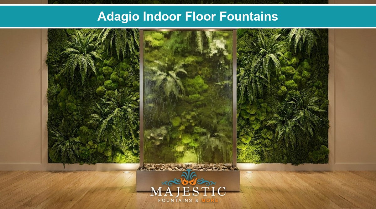 Adagio Indoor Floor Fountains — free-standing glass floor fountain against a living moss wall, Majestic Fountains and More