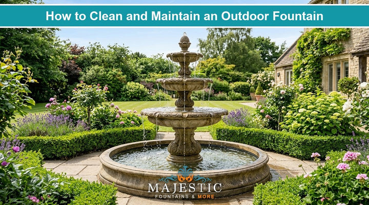 How to clean and maintain an outdoor fountain - a pristine three-tier cast stone fountain with clear water in a manicured garden - Majestic Fountains