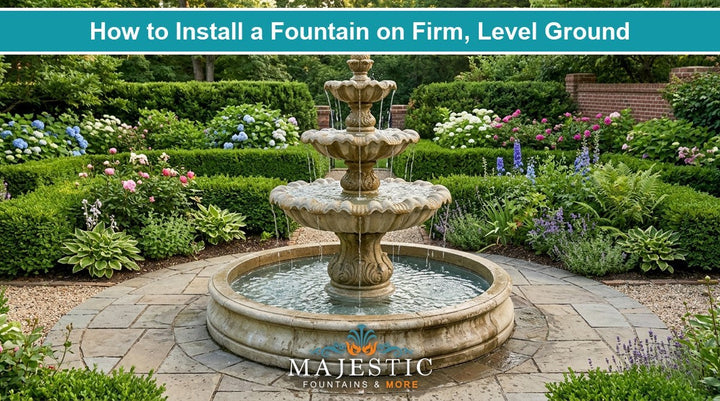 How to install a fountain on firm, level ground - a classic three-tier cast stone fountain running level in a landscaped garden - Majestic Fountains
