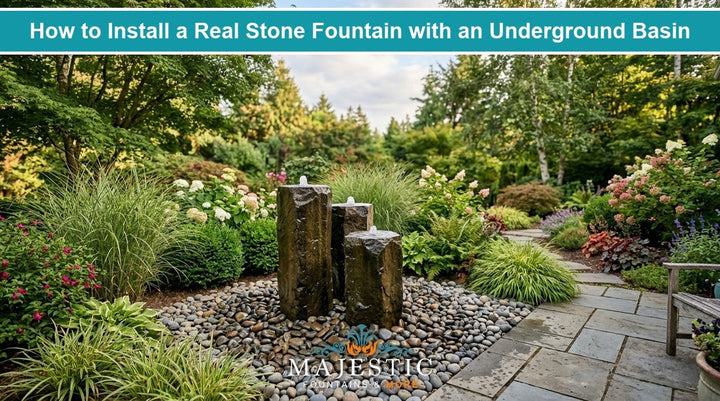 How to install a real stone fountain with an underground basin - basalt columns bubbling over river pebbles in a landscaped garden - Majestic Fountains