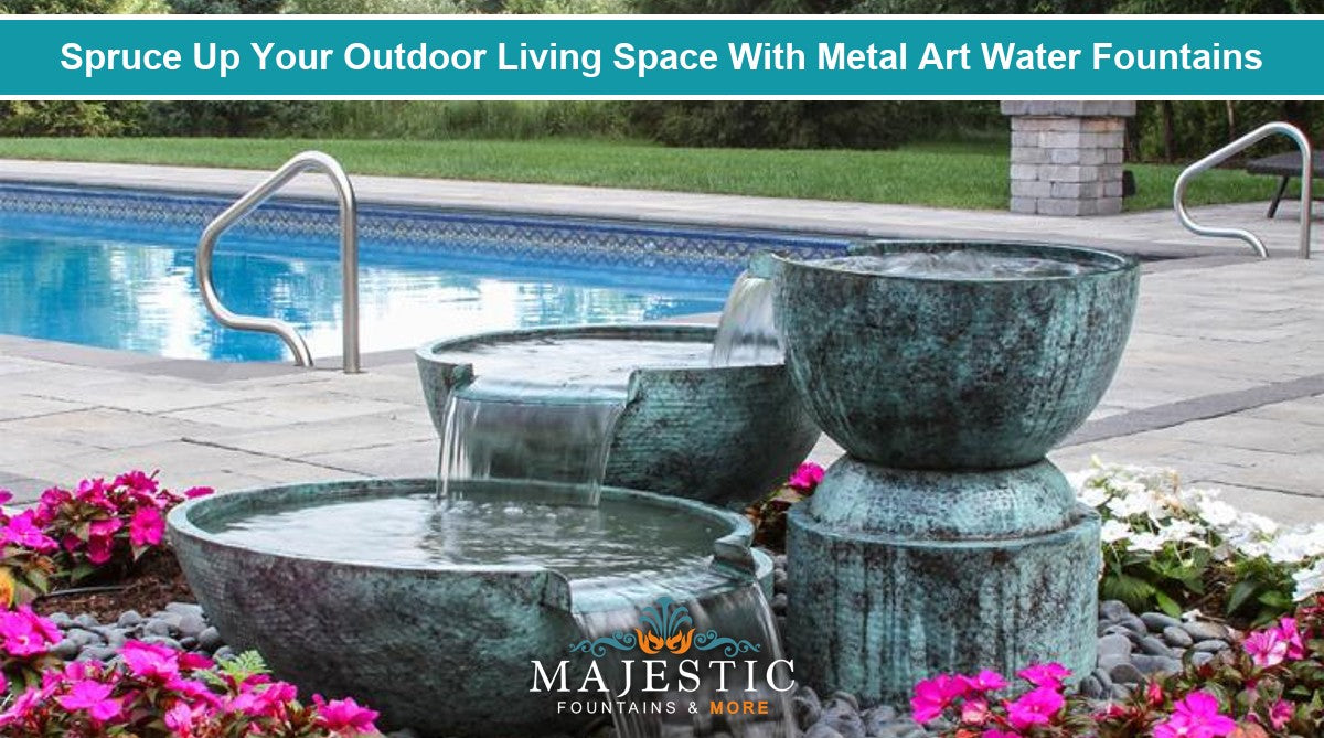 Aqua patina brass triple bowl metal art water fountain beside a swimming pool - Majestic Fountains