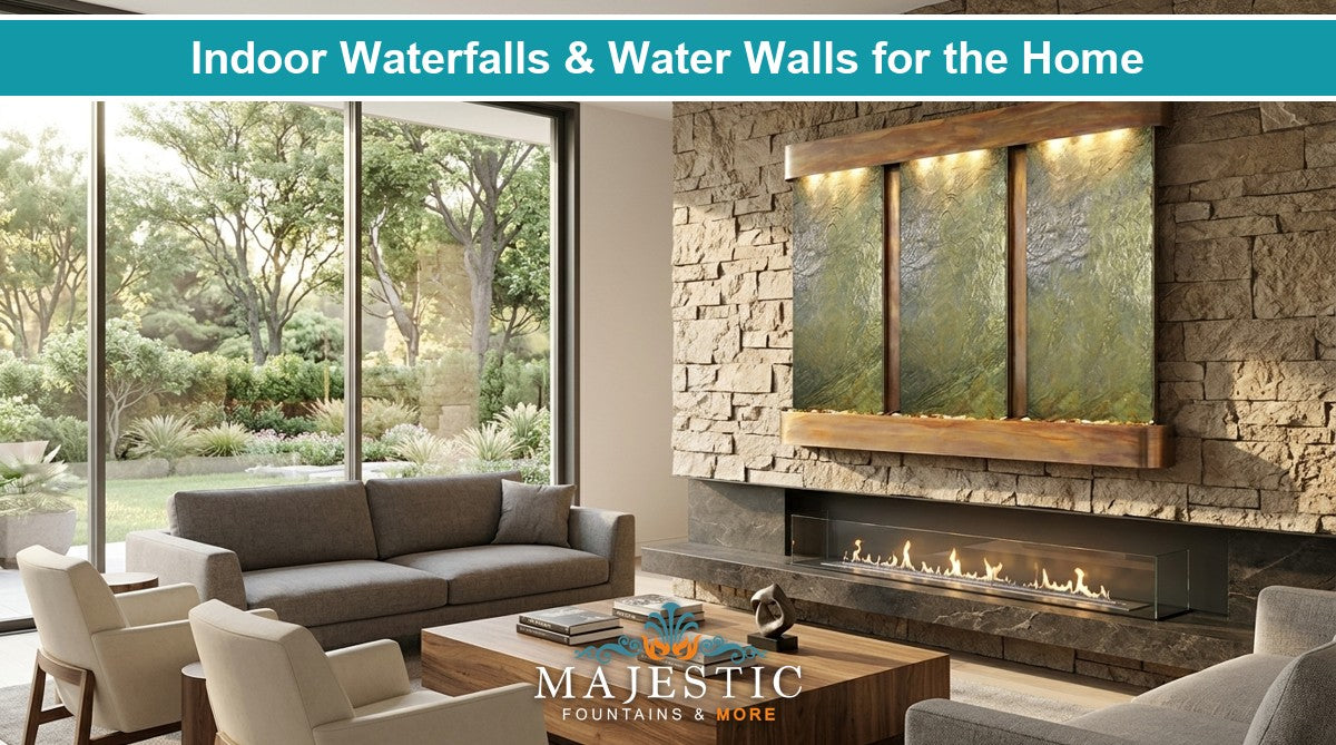 A slate indoor water wall fountain mounted on a stone feature wall in a modern living room - Majestic Fountains and More