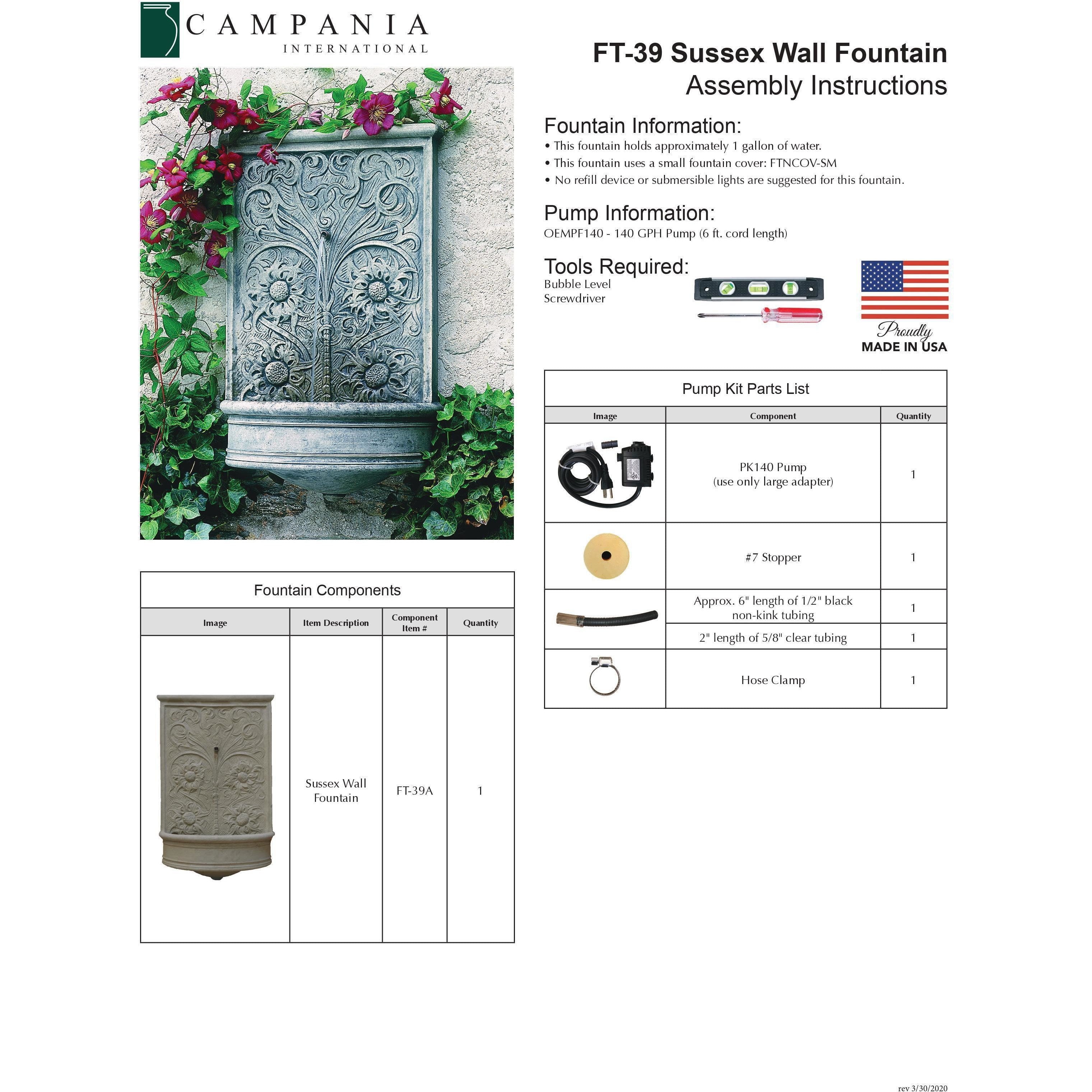 Sussex Wall Fountain in Cast Stone by Campania International FT-39 - Majestic Fountains