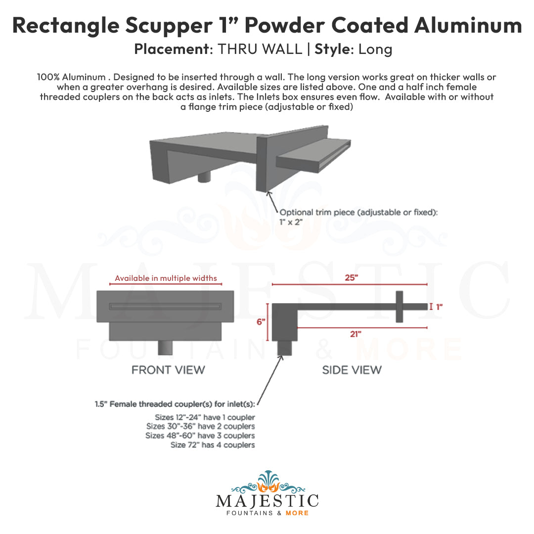 1 Rectangular Scupper thru wall Long  - Majestic Fountains