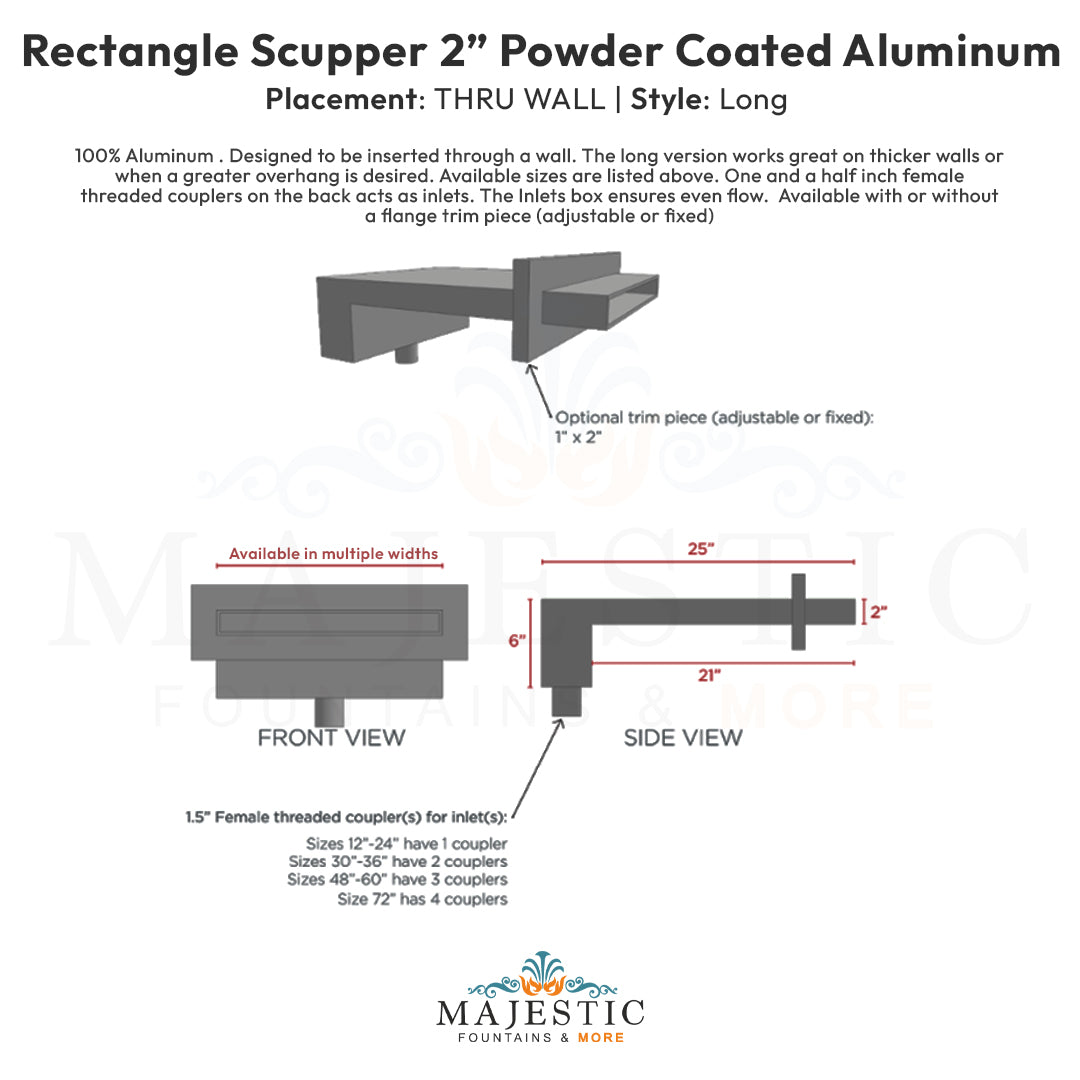 2 Rectangular Scupper thru wall Long  - Majestic Fountains