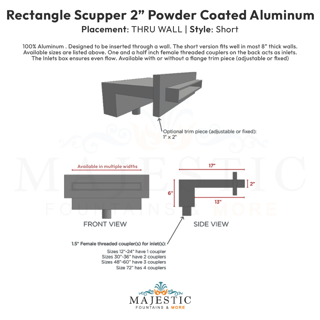2 Rectangular Scupper thru wall short - Majestic Fountains