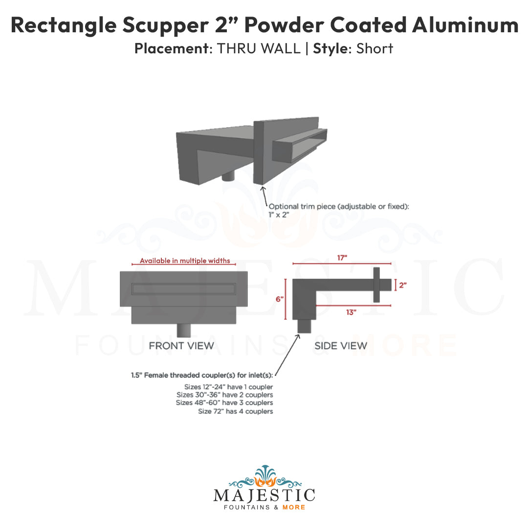 2 Rectangular Scupper thru wall short - Majestic Fountains