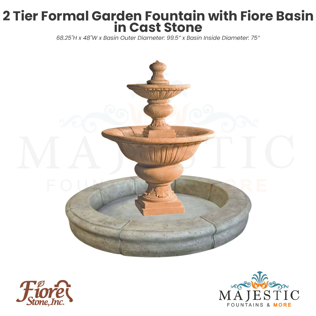 2 Tier Formal Garden Fountain with Fiore Basin in Cast Stone - Majestic Fountains