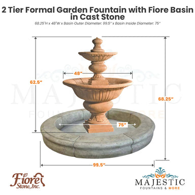 2 Tier Formal Garden Fountain with Fiore Basin in Cast Stone 2072-FRG - Majestic Fountains