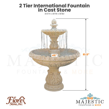 Fiore Stone 2 Tier International Fountain in cast stone dimension drawing showing 45 inch width and 61.5 inch height