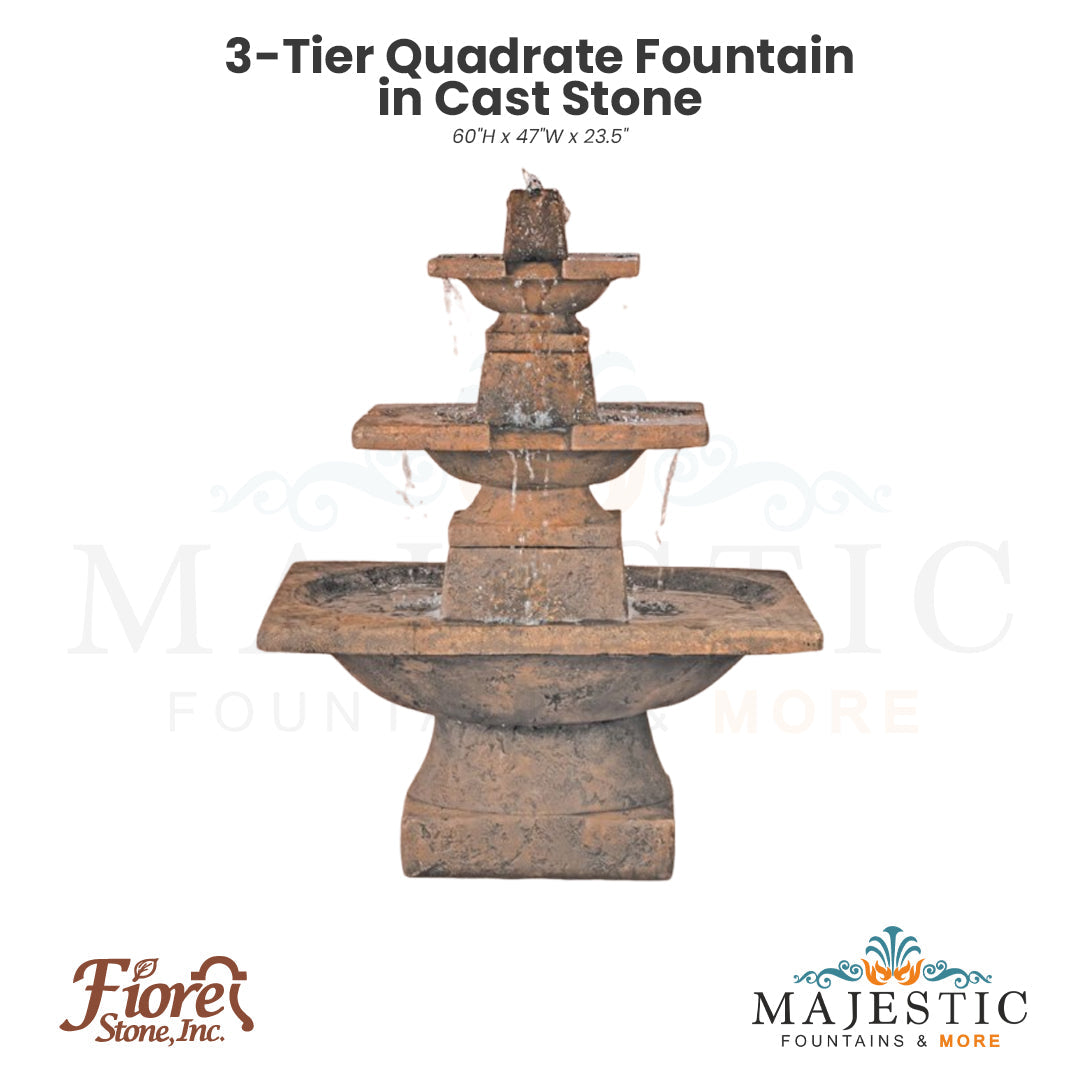 3-Tier Quadrate Fountain in Cast Stone - Majestic Fountains
