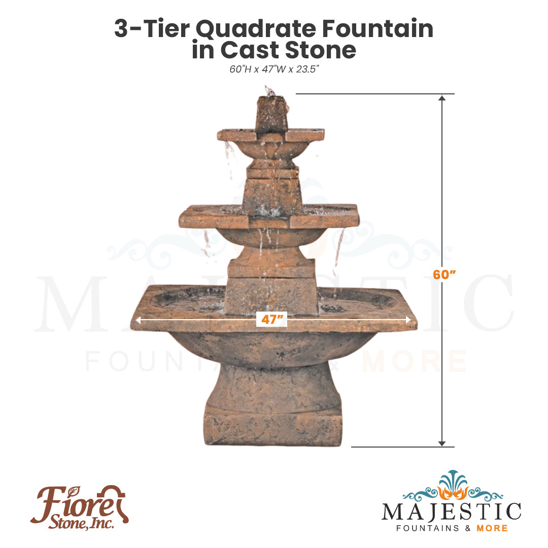 3-Tier Quadrate Fountain in Cast Stone - Majestic Fountains