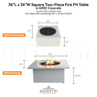 36L x 36W Square Two-Piece Fire Pit Table - Majestic Fountains