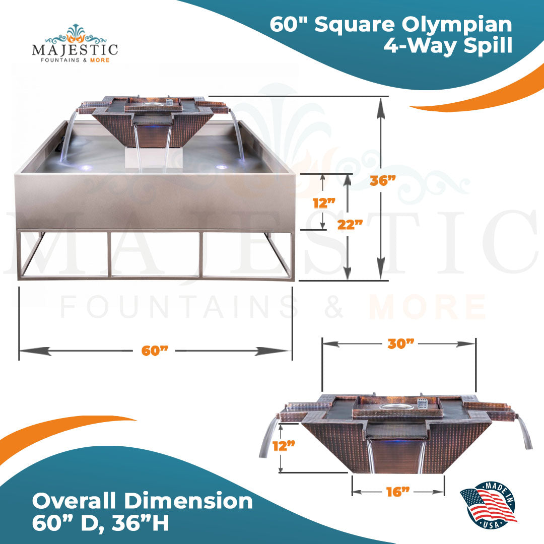 60" Square Olympian 4-Way Spill Fire & Water Bowl in Copper by The Outdoor Plus