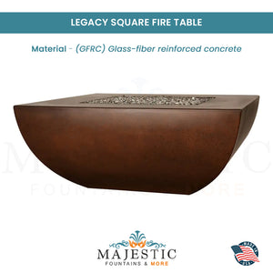 Legacy Square Fire Table in GFRC Concrete - Majestic Fountains