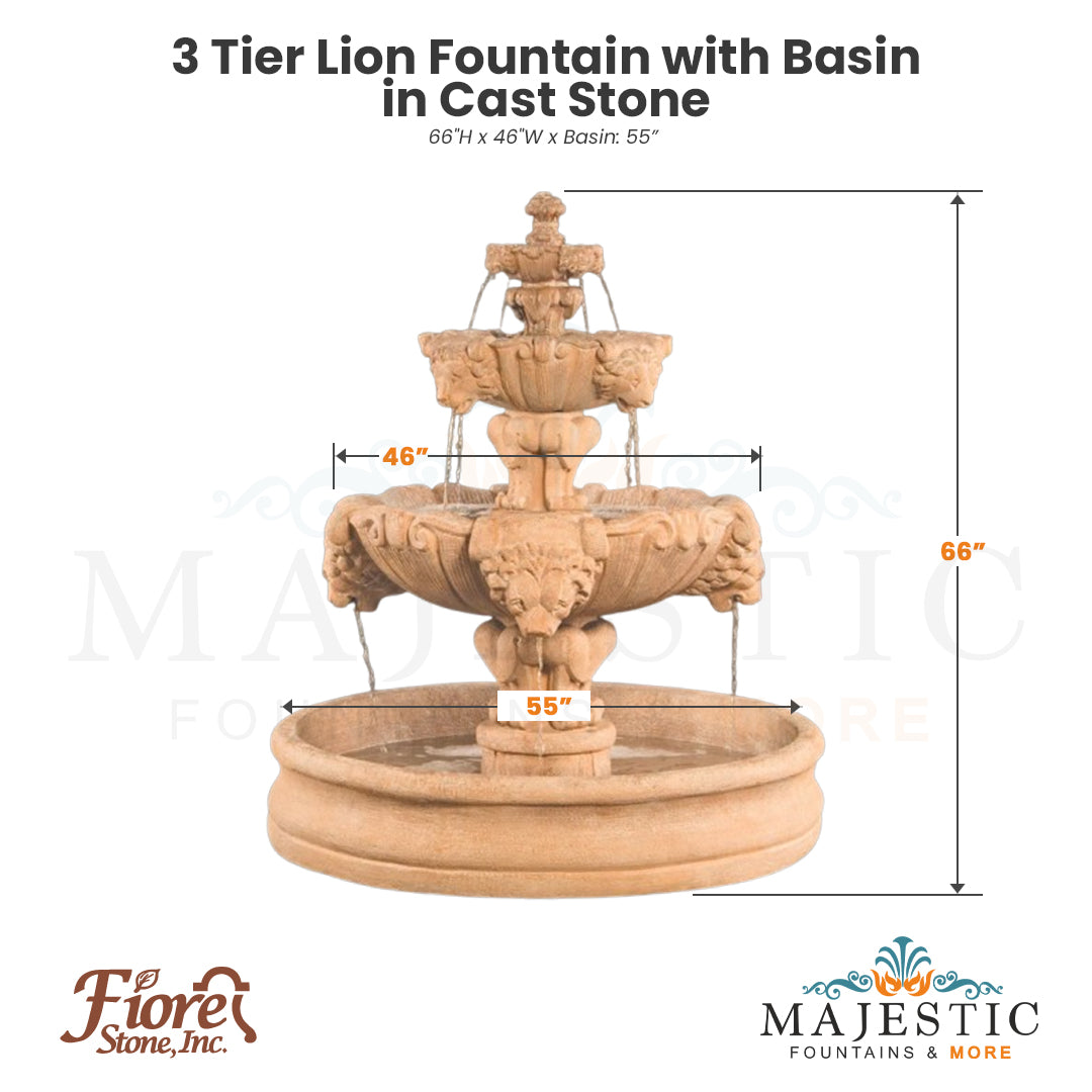 3 Tier Lion Fountain in Cast Stone - Fiore Stone  257-FMB - Majestic Fountains
