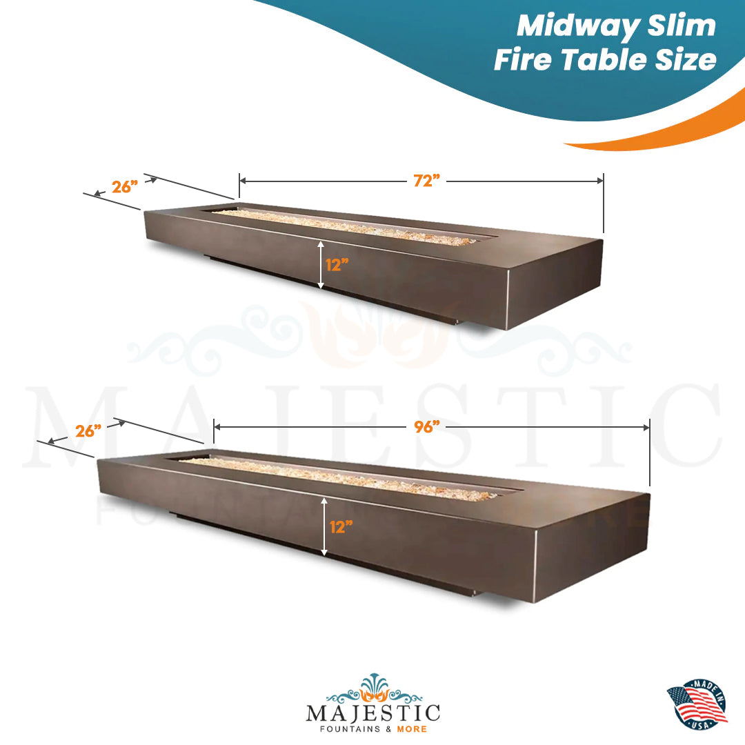 Midway Slim Rectangle Fire Table in GFRC Concrete - Majestic Fountains and More