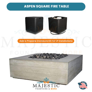 Aspen Square Fire Table in GFRC Concrete propane Enclosure - Majestic Fountains