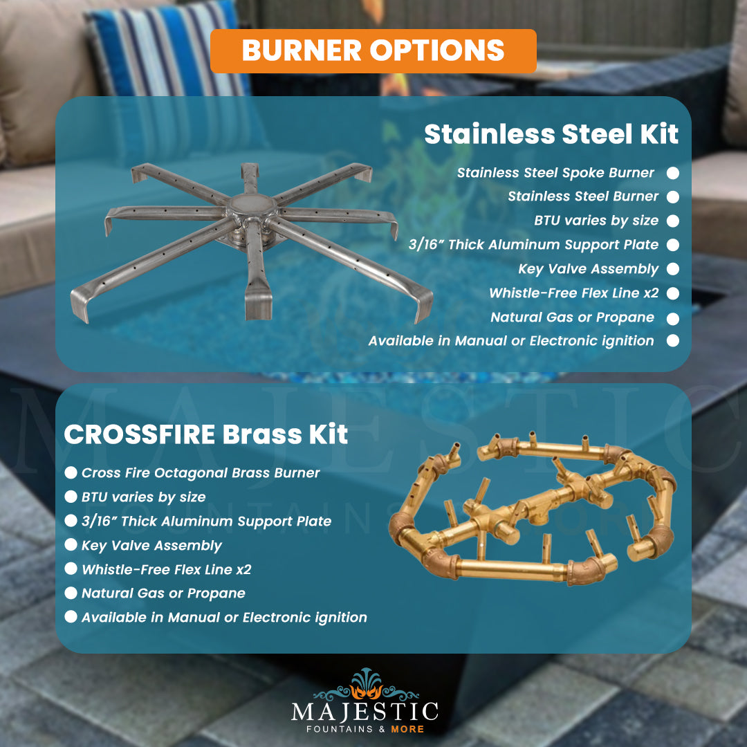 Aspen Square Fire Table in GFRC Concrete Burner options - Majestic Fountains