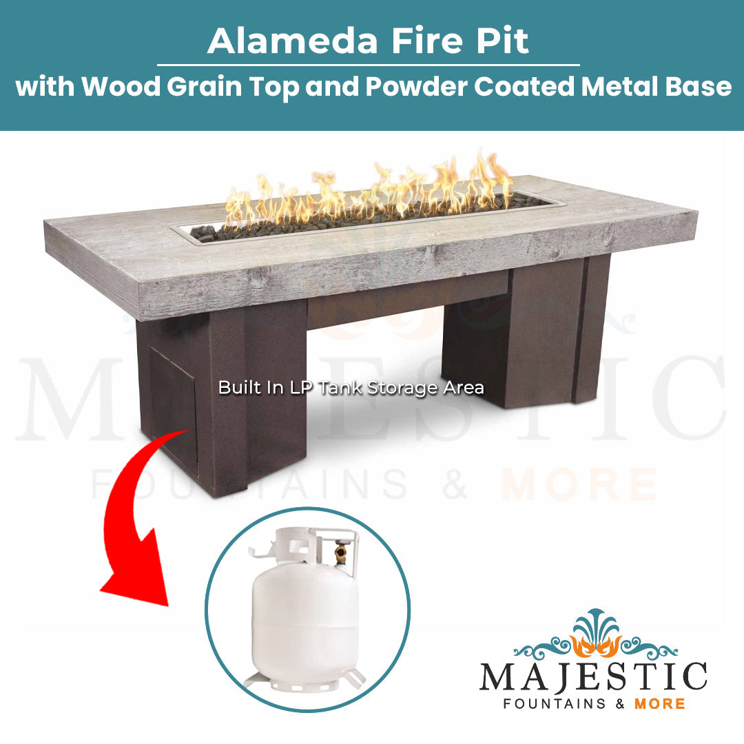 Alameda Fire Table with Wood Grain Top and Powder Coated Metal Base by The Outdoor Plus + Free Cover - Majestic Fountains and More