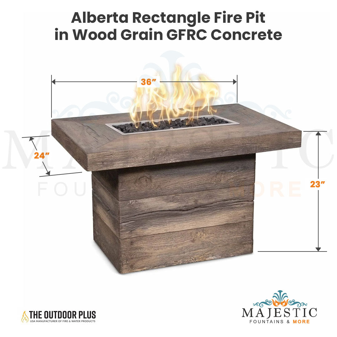 Alberta Rectangle Fire Pit in Wood Grain GFRC Concrete - Majestic Fountains