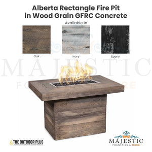 Alberta Rectangle Fire Pit in Wood Grain GFRC Concrete - Majestic Fountains