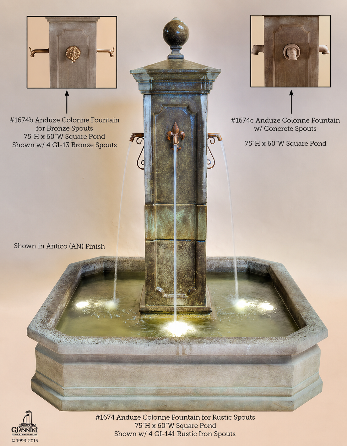 Anduze Colonne Courtyard Fountain with Square Basin - 1674