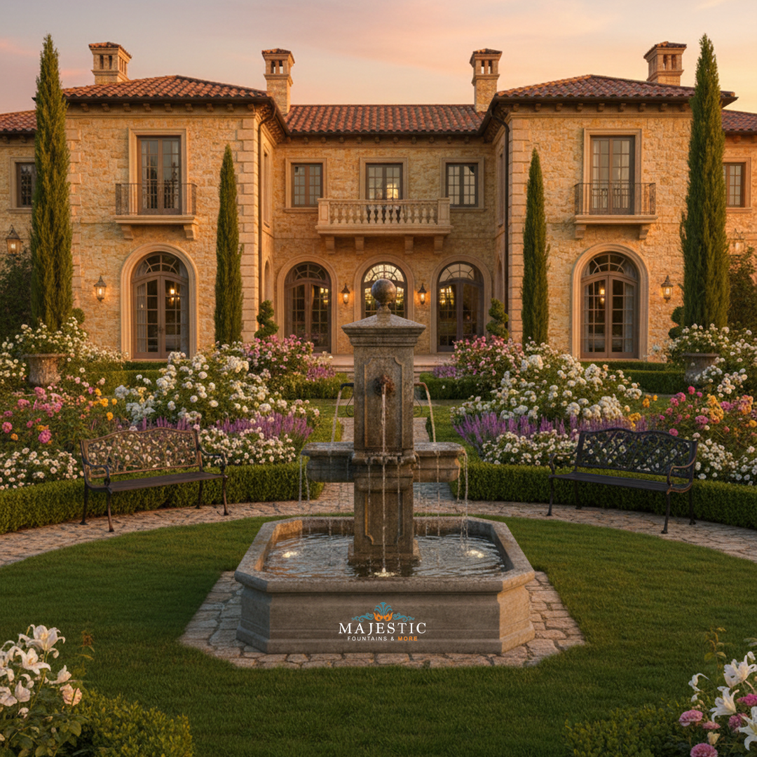 Anduze Concrete Carre Outdoor Courtyard Fountain with Square Basin Kit - Fountain, Basin, Pump and Spouts - 1673 - Majestic Fountains