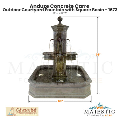 Anduze Concrete Carre Outdoor Courtyard Fountain with Square Basin - 1673 - Majestic Fountains