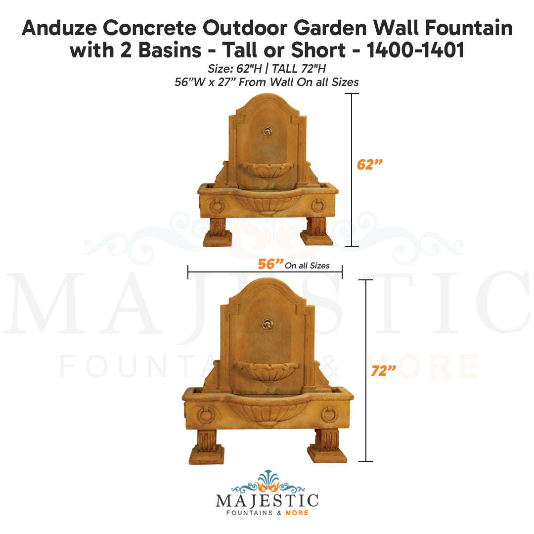 Anduze Concrete Outdoor Garden Wall Fountain with 2 Basins - Tall or Short - 1400-1401 - Majestic Fountains