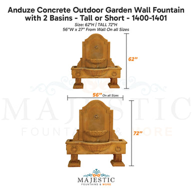 Anduze Concrete Outdoor Garden Wall Fountain with 2 Basins - Tall or Short - 1400-1401 - Majestic Fountains