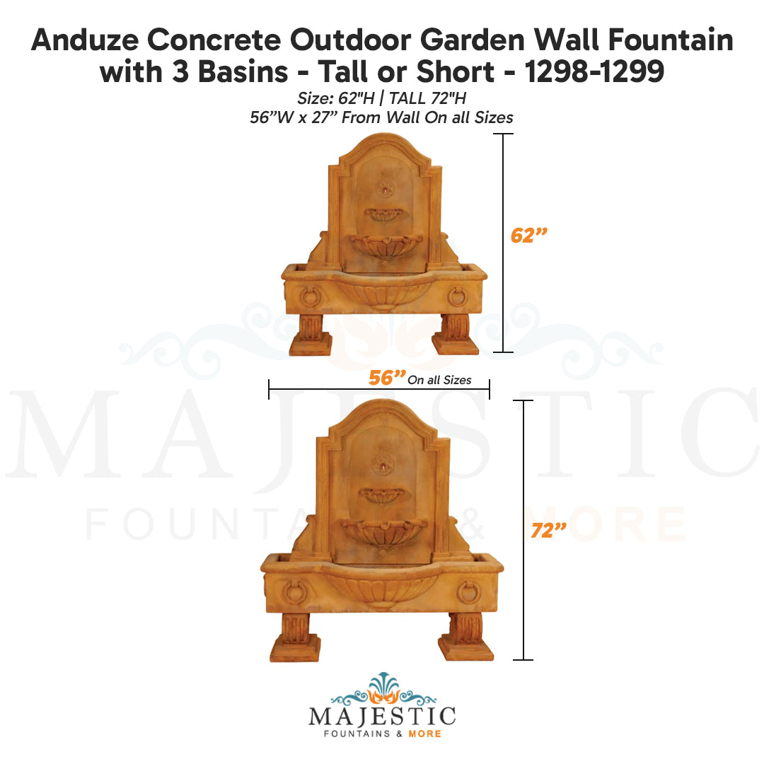 Anduze Concrete Outdoor Garden Wall Fountain with 3 Basins - Tall or Short - 1298-1299 - Majestic Fountains