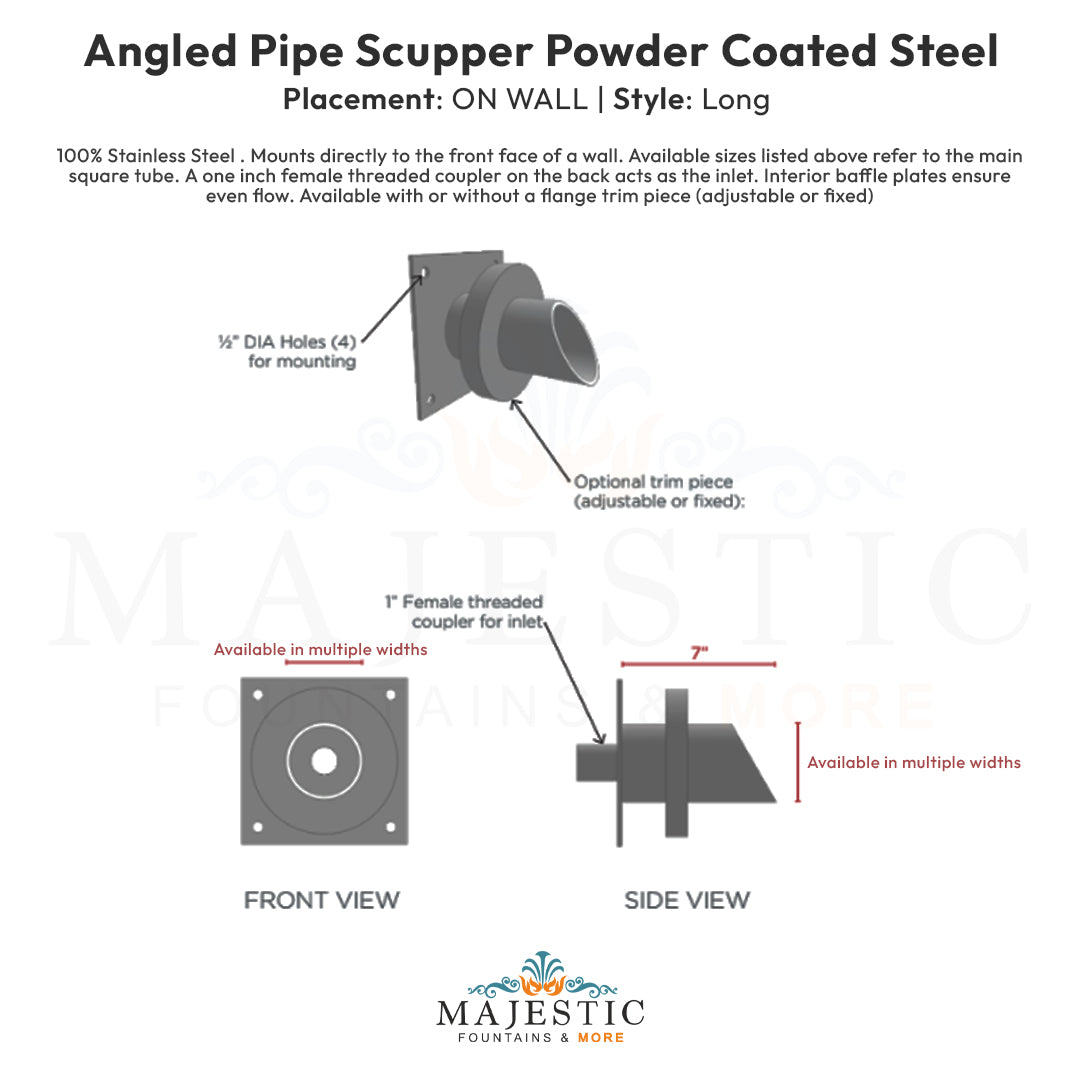 Angled Pipe Scupper On Wall Long - Majestic Fountains