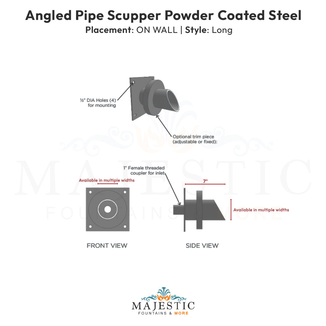 Angled Pipe Scupper On Wall Long - Majestic Fountains
