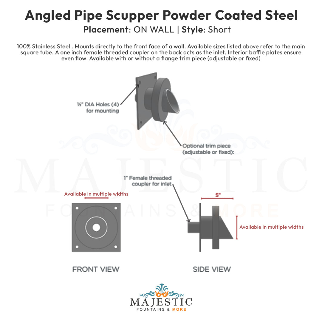 Angled Pipe Scupper On Wall Short  - Majestic Fountains