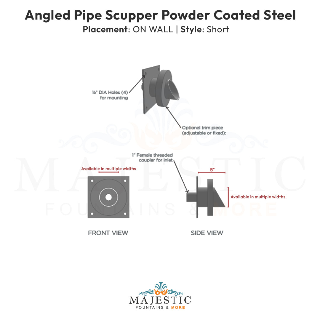Angled Pipe Scupper On Wall Short  - Majestic Fountains